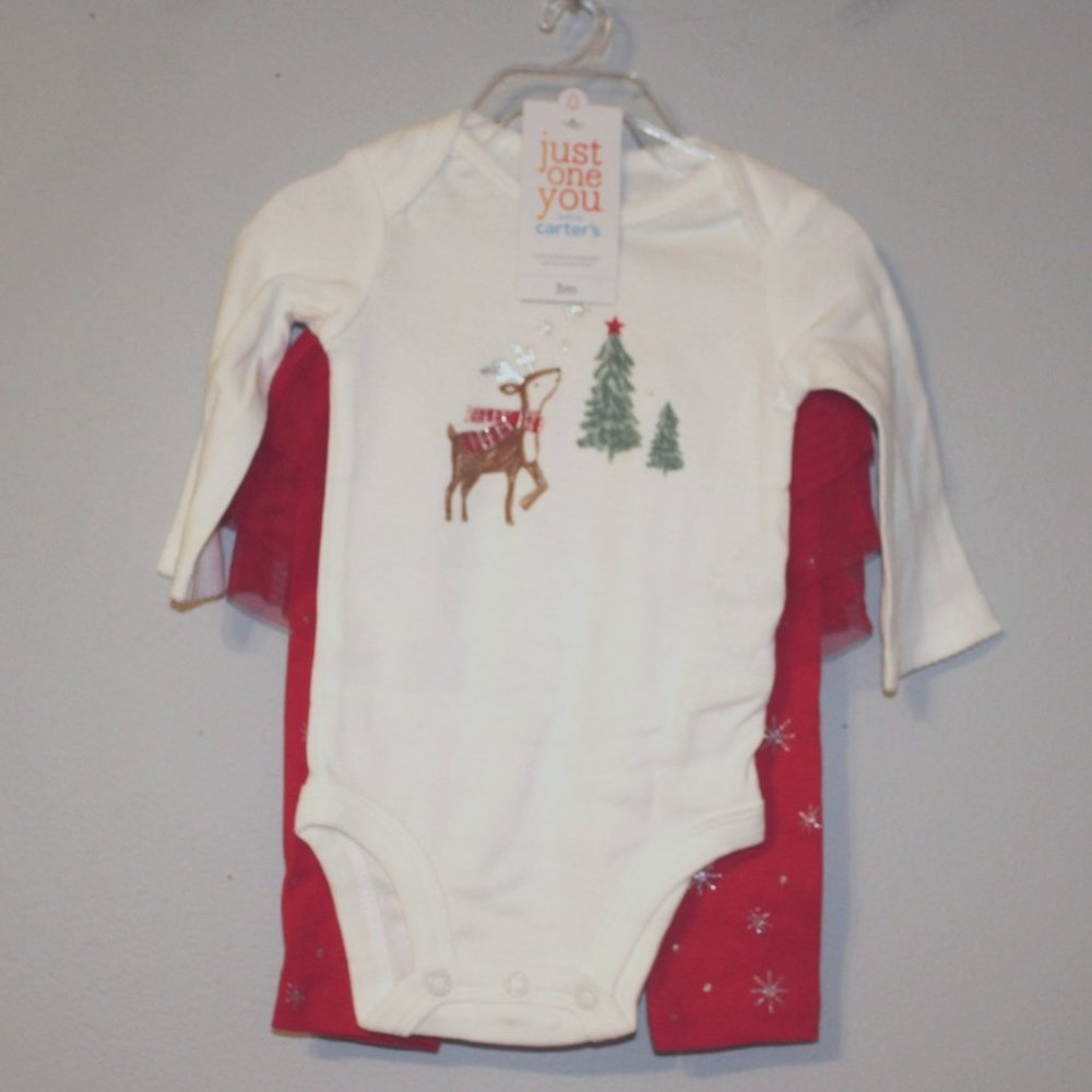 New 3 Mo 2 Piece Girls Holiday Christmas Outfit Christmas Tree Reindeer NWT
